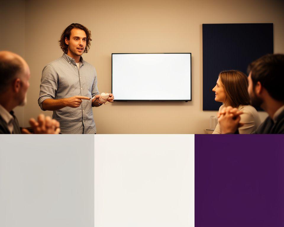 Directora creativa presentando resultados de automatización a un cliente en una sala cálida y ordenada