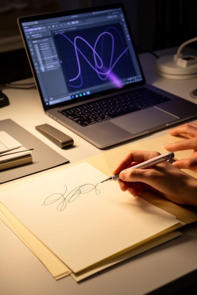 Equipo creativo analizando muestras caligráficas sobre una mesa de trabajo con luz cálida y herramientas digitales