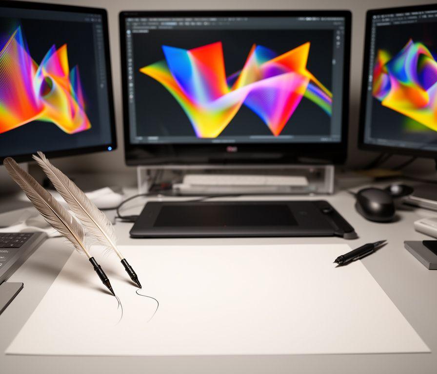 Mesa de trabajo con plumas, tablet de dibujo y pantallas mostrando tipografía generativa