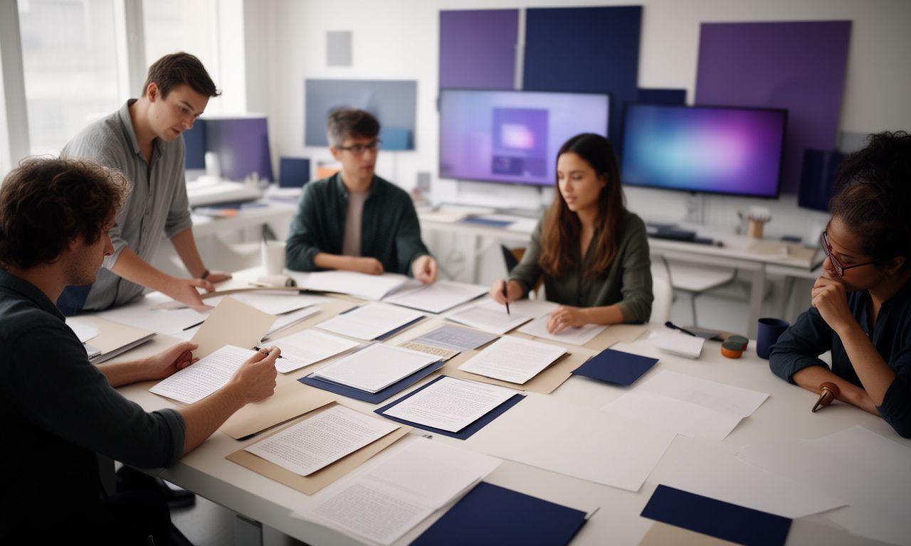 Equipo creativo revisando manuscritos digitalizados en un estudio luminoso con pantallas y papel artesanal